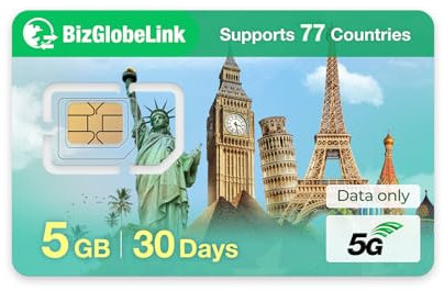 EIOTCLUB Tarjeta SIM Prepago para Viajes, 5GB/30 Días, Tarjeta SIM Internacional Sirve en Más de77 Países, Solo Datos, 5G/4G LTE, Sin Contrato, Recargable, Compatible Teléfonos, 4G Routers y Tabletas