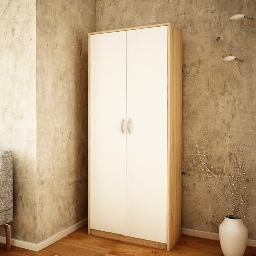 Home Collective Mehrzweckschrank mit 8 Fächern Besenschrank Haushaltsschrank in mattem Finish mit 6 Einlegeböden und 2 Türen, 74 cm breit aus Laminatplatte und hochwertigen Polymergriffen Sonoma weiß