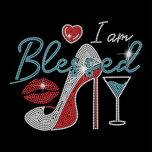 SUPERDANT High Heels Iron on Rhinestones Transfer I am Blessed Bling Decals Wine Glasses Iron-on Decal Red Lips Crystal Heat Transfer T-Shirt Hot Fix Stickers DIY Decor for Dress Clothing Jacket Bag