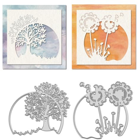 WADORN 2 x Stanzform Mit Baumrahmen Für Karten. Metall Stanzschablonen Mit Löwenzahnbaum Hintergrund Runder Rahmen Baum Scrapbooking Dekorative Prägeschablone Für Scrapbook Einladungen