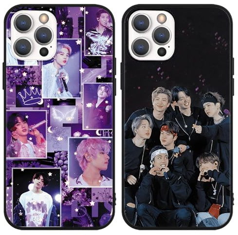 nurkorki 2 Stück Kpop Sänger Handyhülle für iPhone 11 Hülle 6,1,Jimin Jin V J-Hope JUNG KOOK SUGA RM Muster Design Cartoon Cover Schutzhülle für Mädchen,Fans,Schwarz Silikon Stoßfest Case,Cartoon