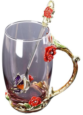 LJYING Handmade Enamel Butterfly & Rose Flower Glass Coffee Mugs Tea Cup with Spoon 350ml Birthday Gifts for Friends Women Wife Mum Teacher Sister (Red Tall)