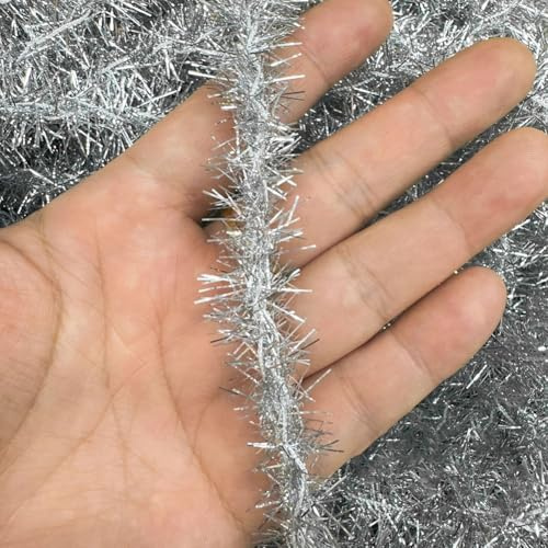 JIHUOO 4 Rollen Metallic Weihnachten Lametta Girlande Dünn Lametta Girlande Band Weihnachtsbaum Lametta Seil Stränge Glitzer Twist Lametta Girlande Outdoor Urlaub Lametta Girlande Silber