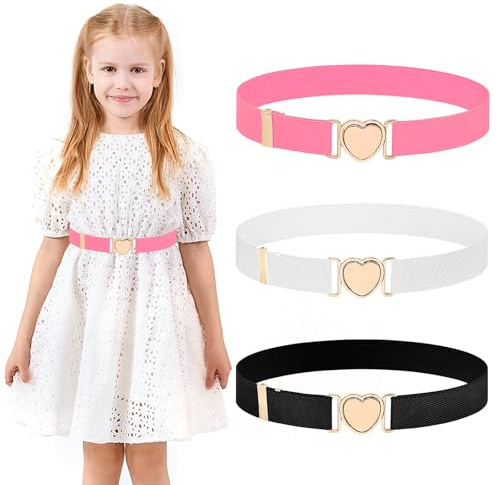 Bubuny Elastische Gürtel für Mädchen 3 Stück, Herz Kindergürtel Mädchen, Taillengürtel für Mädchen, kindergürtel Verstellbarer gewebter Stretch Gürtel für Kleider Jeans, Schwarz, Rosa, Weiß