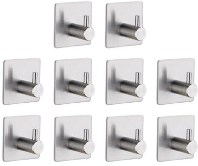 TECBULL® 10 massive Edelstahl Klebehaken - Gebürstet, Handtuchhaken fürs Bad selbstklebend, Handtuchhalter ohne Bohren, Hochwertige Handtuch Haken, Wandhaken, rostfrei, klassisches Design