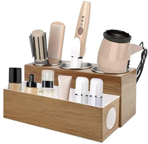 BYUNER Hair Tools Organizer, Hair Dryer Holder for Dressing Table, Hair Dryer and Straightener Holder for Bathroom Countertop Hairdryer Storage Stand (Wood Grain)