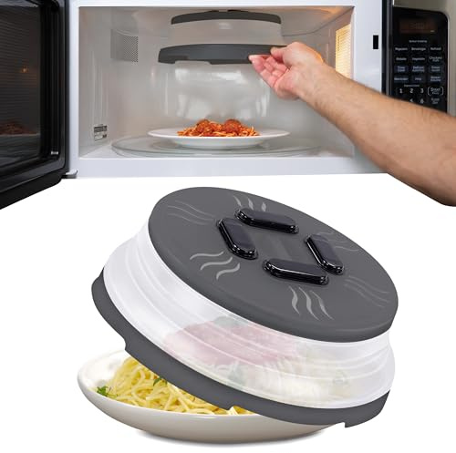 HOVER COVER Magnetische Mikrowellen-Spritzabdeckung, zusammenklappbare Mikrowellen-Abdeckung für Lebensmittel, belüftete und magnetische Mikrowellentellerabdeckung, 25,4 cm, BPA-frei, Graphit