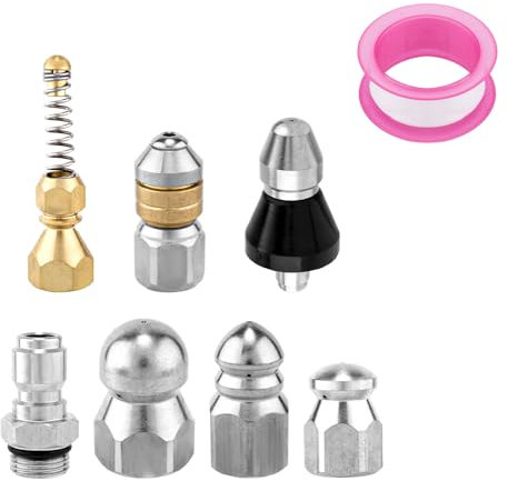 Gosknor Kit de 8 Buses Nettoyage d'Égout avec Connecteurs Rapides NPT 1/4 po et Ruban Adhésif, Buse Tuyau de Nettoyage à Pression en Acier Inoxydable pour Nettoyeur Haute Pression 5 000 PSI