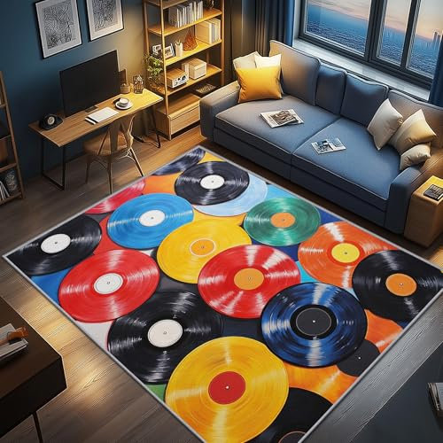 AevuCub Vinyl Schallplatten Deko, Retro Musikplatte Teppich 50x80 Kurzflor, Kleiner Teppich Wohnzimmer CD Musik Thema, Weich rutschfest Waschbare Teppiche, Bettvorleger Schlafzimmer Kinderzimmer