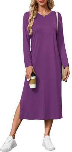 AUSELILY Abito Donna Invernale - Vestito Donna Inverno Lungo con Spacco Laterale Manica Lunga Morbido e Comodo Casual Viola 2XL