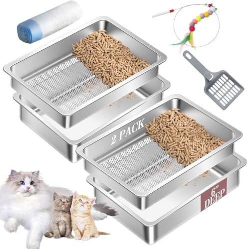 2 Pack Stainless Steel Sifting Small Cat Litter Box for Pine Pellets,Metal Kitten Litter Box Sifter Pan with Litter Scoop, Low Dust, Odor Control, Easy Cleaning