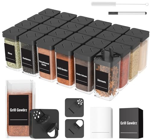 Homhut Gewürzgläser Eckig Set Mit Deckel [24x 120ml], Stabiler Plastik Gewürzstreuer Luftdichte, Gewürzdosen Mit Streueinsatz, Spice Jars Mit 120 Etiketten, Gewürz Organizer Schwarz