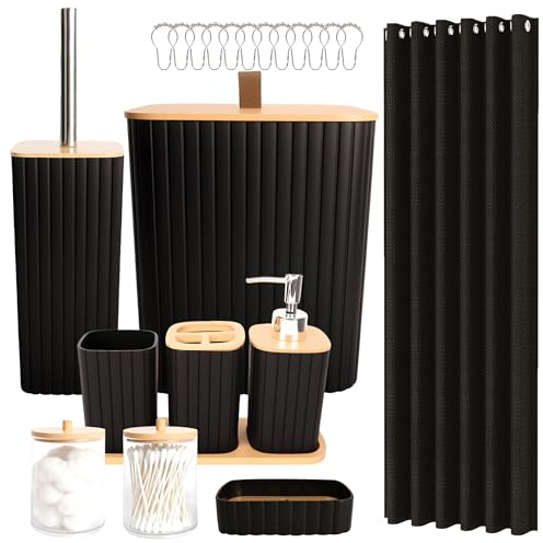 22Pcs Bathroom Accessories Sets Complete,Toilet Sets for Bathroom Black | Bathroom Set with Trash Can,Soap Dispenser, Soap Dish, Toothbrush Holder, Tumbler, Toilet Brush, Qtip Holders, Shower Curtain