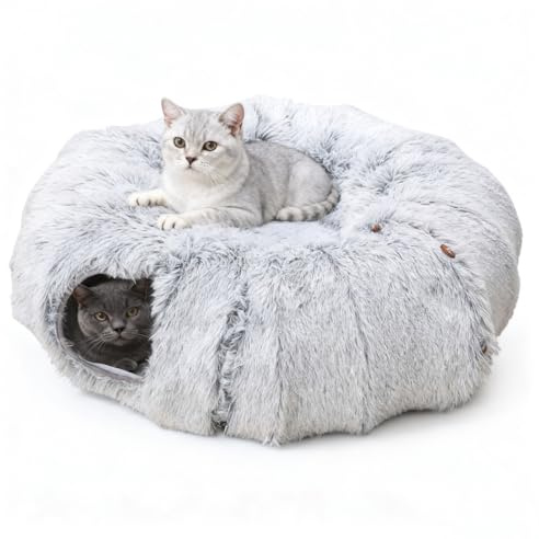 Grand tunnel pour chat - Jouet en peluche pour chat - Tunnel pour chat d'intérieur - Tunnel multifonction pour chat - Lit doux avec deux entrées - Grotte pour chat (gris)