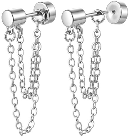 925 Sterling Silber Stecker Hängende Kette Flatback Ohrstecker Ohrring | 1 Paar 16K Gold Plated Silber Kettenglieder Ohrringe Tragus Helix Piercings für Damen Hypoallergen 20G 6mm