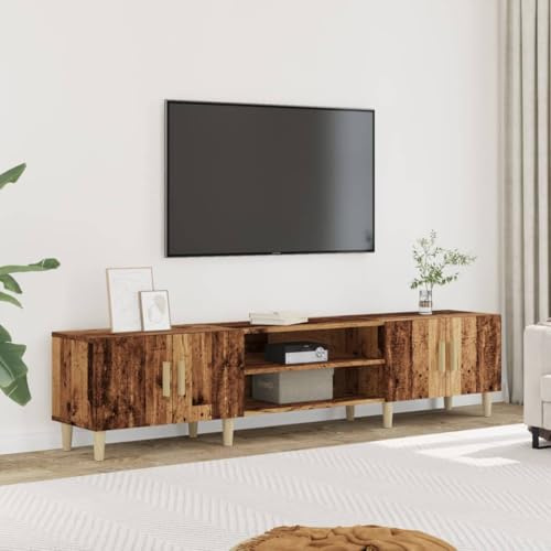 YUOTYRKTEJRSG TV-Schrank Altholz-Optik 180 cm Breit Fernsehschrank mit 4 Türen und Holzbeinen aus Eukalyptus Massivholz für Wohnzimmer und Esszimmer Stauraum Möbel