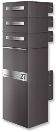 Metzler Paketbox mit 3 Briefkästen entnahme hinten, Paketbriefkasten 3er rückseitig draussen groß XXL, Standbriefkasten personalisiert, Paketkasten in DB 703 Eisenglimmer mit Namensgravur, ZIVO2