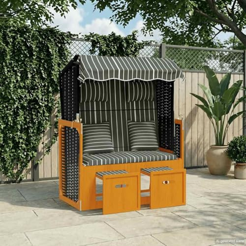 TEKGHUT Massivholz Strandkorb mit Poly Rattan, Dach und ausziehbarem Hocker, verstellbare Rückenlehne in 3 Positionen, inklusive Kopf- und Rückenkissen, schwarz & grau