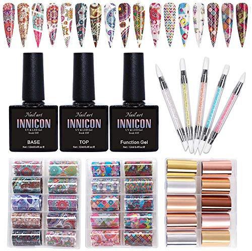 Nail Transfer Foil Tips Glue Kit with Silicone Brush Pen, Base Top Coat | Silver Gold Bohemia Print Foil Stickers Wraps 30 Rolls Nail Foil Transfer Tips Holographic Set for Decals DIY Foil Glue Gel