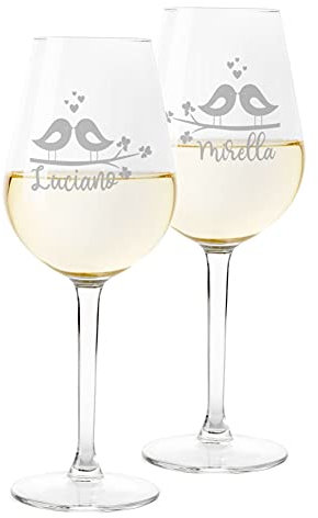 Colorfamily Coppia Calici Personalizzati Set da 2 calici Vino Personalizzati con Nome Bird Kiss Innamorati - Bicchiere in Vetro 500 ml