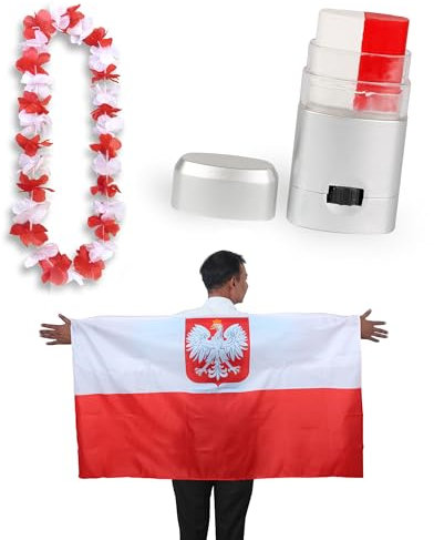 Sonia Originelli Fanset Fanartikel Poncho Fahne Flagge zum Umhängen Schminkstift und Blumenkette Hawaiikette Farbe: Polen Wappen