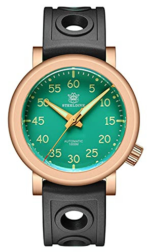 Steeldive SD1910S CuSn8 Massives Bronze-Gehäuse, grünes Zifferblatt, 1000 m, 100 ATM, wasserdicht, NH35 C3, Grün, Herren-Taucheruhr, Automatik, Farbe 2, Armband, Bronzefarben, Armband