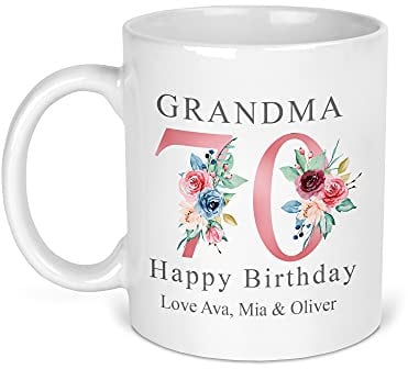 70th Birthday Gift for Women, Personalised Mug/Cup, Floral Design, Add Name, Birthday Gift for Mum, 1951