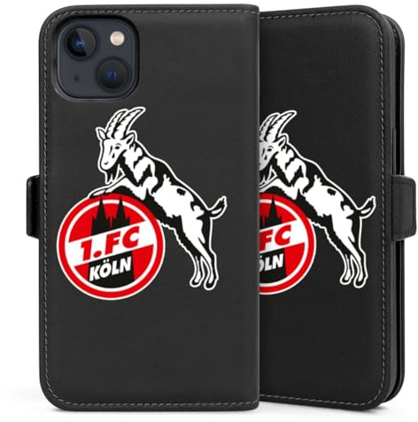Klapphülle kompatibel mit Apple iPhone 13 Handyhülle aus Kunst Leder schwarz Flip Case 1. FC Köln transparent Logo