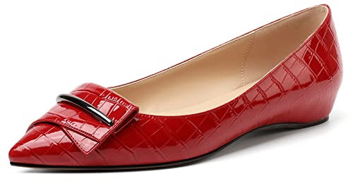 elashe Women's Ballet Flats Pumps Pointe Toe Buckle Design Flats Comfy 2cm Low Heeled Shoes Red EU39