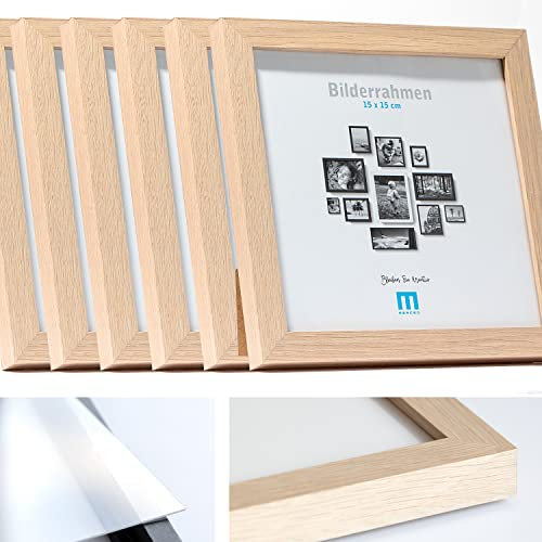 6 Stk. Bilderrahmen 15x15cm in natur aus MDF, minimalistisch & modern für Fotos & Bilder. Inkl. Acrylglasschutz. Eignet sich als Tisch-Aufsteller und für die Wand, Hochformat oder Querformat.