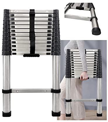 3,8m Teleskopleiter Mehrzweckleiter für Dachboden/Kletterdach/Büronutzung/Baujob Ausziehbar Edelstahlleiter rutschfeste Stufen 150 Kg Belastbar