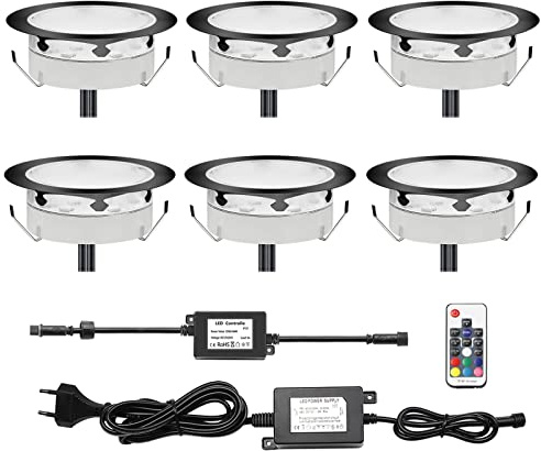 CHNXU 6er Set LED Bodeneinbaustrahler, RGB Farbwechsel Terrassenbeleuchtung 0.7W-2W Bodenlampe Aussen Ø80mm Treppen Einbauleuchten IP67 Wasserdicht Außenleuchten für Terrasse, Garten, Balkon, Schwarz