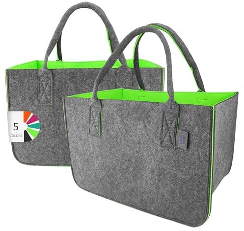 IDEA HOME Filztasche 2 Stücke Shopper Groß-30 Liter Einkaufstasche XXL Zusammenklappbar Einkaufskorb Kaminholztasche Kleiderkorb Spielzeugtasche Dunkelgrau/Limonenfarbe, XL
