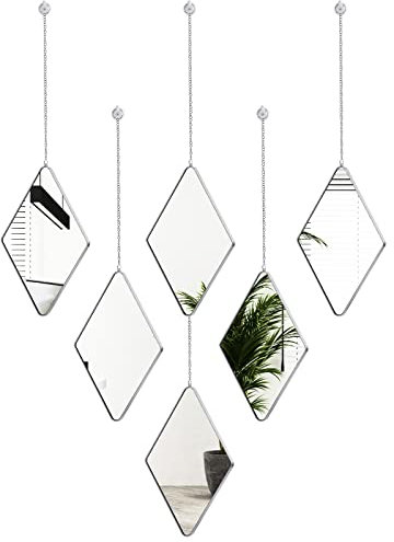 Set di 6 Decorazioni da Parete a Specchio con 2 Cacciaviti Specchi da Muro a Forma di Diamante con Catena Specchi Decorativi con Cornice in Argento da Appendere per Casa, 10,8 x 6,7 Pollici