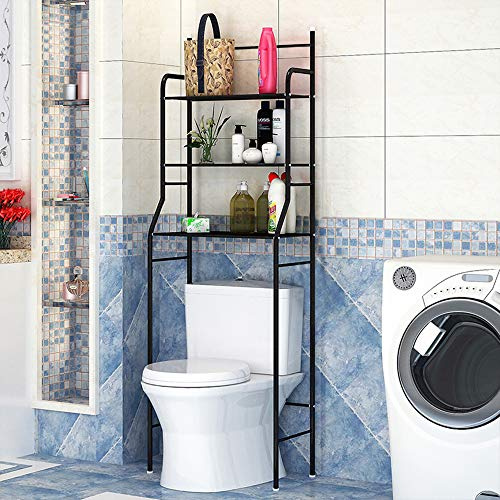 Etagère de Salle de Bain, Meuble de Rangement au-Dessus des Toilettes WC avec 3 tablettes, Meuble Etagères de WC, Étagère de Rangement pour Salle de Bains avec 3 étagères (157*55*26cm (♥ noir))