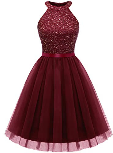 Dressystar Damen Paillettenkleid Kurz Tüll Cocktailkleid Partykleid Festlich Kleid Burgunderrot L
