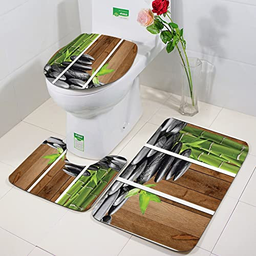 ORTHODRYL Ensemble Tapis de Bain 3 Set,Art Collection, Spa Zen Basalte Pierres et Bambou Image Imprimé, Multicolore,WC Tapis Contour Tapis de Salle antidérapant de Doux et Confortable Lavable