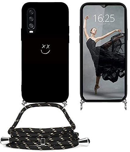 EuoDuo Compatible avec Wiko View 4/ View 4 Lite Coque Cordon Tour de Cou Telephone Portable Réglable Collier Étui Silicone TPU Noir Motifs Cover Protection Complète - Visage Souriant