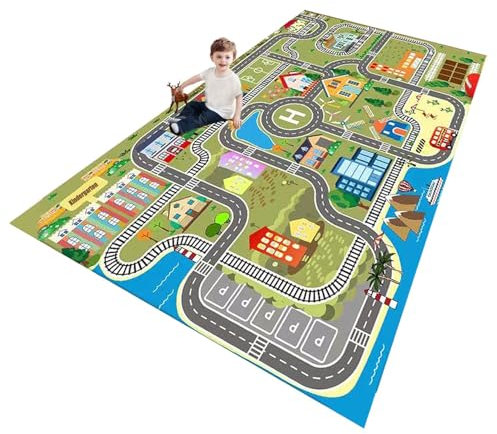 ZFHNYJWKL Kinder spielteppich Auto Jungen & Mädchen Teppich Straßenteppich Bauteppich Stadtstadt Lernbereich Teppich Pädagogischer Antirutsch für Kinderzimmer Grau Blau Grün(B,80X120CM)