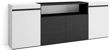 Skraut Home | Buffet Salon et Cuisine | Meuble de Rangement, Commode | 200x75x35cm | 4 Portes | Meuble Chaussure | Style Moderne | Blanc et Noir