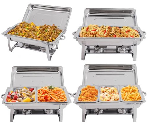 4 Stück 8QT Chafing Dishes Buffet Set Edelstahl Chafer mit 2 vollen Größe & 4 halbe Größe Pfannen, faltbare Speisenwärmer für Partys, Buffets, Hochzeit, Bankett, Catering Events