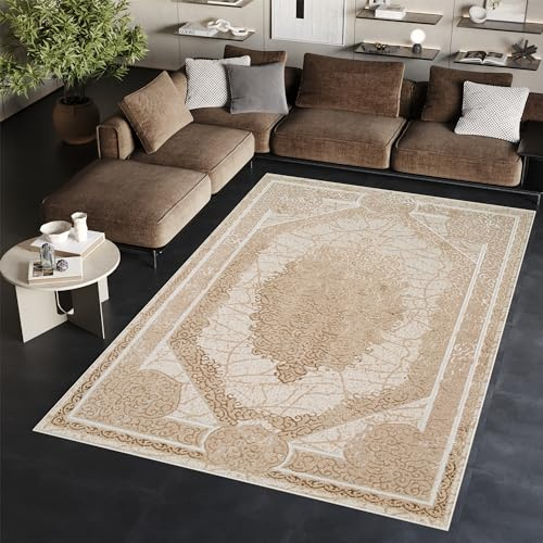 TAPISO Ares Teppich Kurzflor Glänzend Braun Beige Ornament 140 x 200 cm | Bordüre Barock Klassisch 3D Effekt Wohnzimmer Schlafzimmer OEKO-TEX