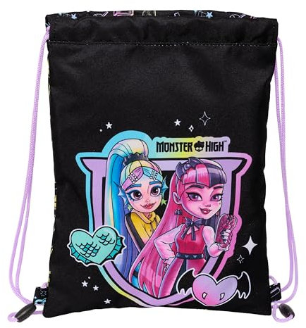 MONSTER HIGH Junior Flat Bag Rucksack, ideal für Kinder unterschiedlichen Alters, bequem und vielseitig, Qualität und Langlebigkeit, 26 x 34 cm, schwarz, schwarz/weiß, estándar, Casual, schwarz/weiß,