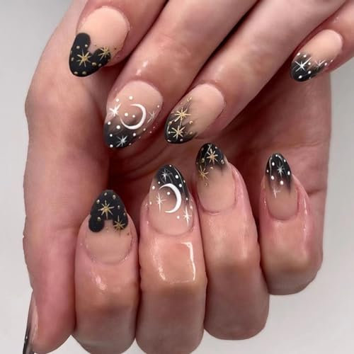 Angwis 24pcs Short Oval False Nails French Tip Stick on Nails Matte Black Edge Press on Nails White Moon Gold Star Removable Glue-on Nails Acrylic Full Cover Fake Nails Set Women Nail Art Accessories