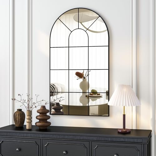 NEUWEABY Espejo de Pared arqueado, 80 x 50 cm Negro Cristal de Ventana Espejo Metal Rústico Cristal Decorativo, Decoración de Pared para salón, recibidor, Dormitorio