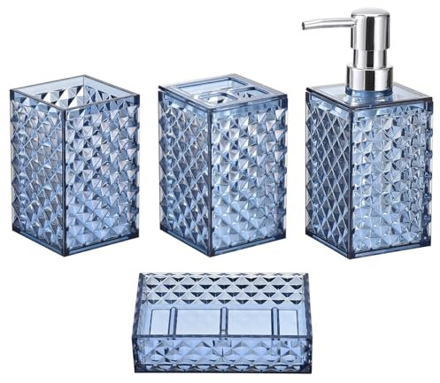 sourcing map Lot de 4 accessoires de salle de bain, distributeur de savon PS et porte-brosse à dents, gobelet, porte-savon, pour évier de comptoir de salle de bain, bleu