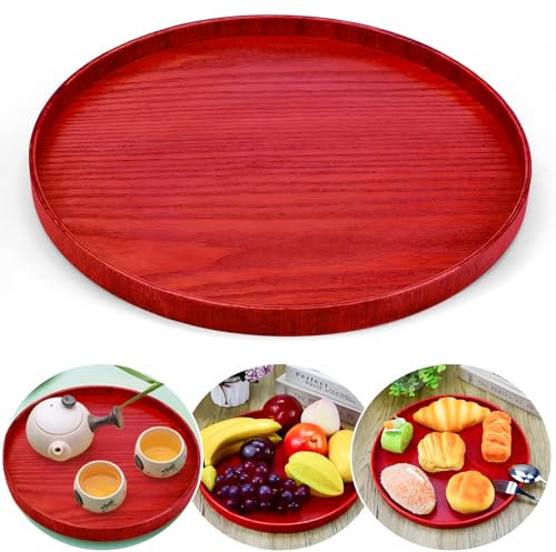 DTYGUIXE Bandeja Redonda de Madera Decorativa, Roja de 30 cm para Servir, Plato Decorativo para Centro de Mesa, Desayunos, Aperitivos y Manualidades