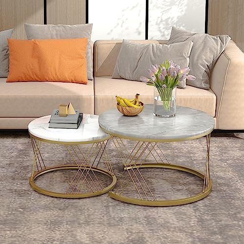 Merax Couchtisch Satz Marmor Furnier Sofa Seite Nest von Tischen Runde Endtische Goldene Farbe Frame Couchtisch Rund Sofatisch Rund Runder Tisch Wohnzimmer