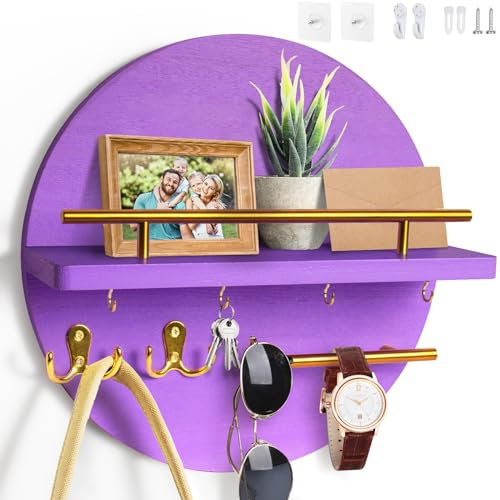 Dxiunove Schlüsselboard Vintage Holz mit Ablage Schlüsselbrett Rund Schlüsselhalter für Zuhause Dekorative Wandmontage Schlüsselbrett mit Vintage Charme(Lila)