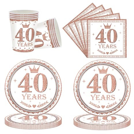 52P Rose Gold Tableware Set for 40th Birthday Party Decor - Includes Napkins, Cups, Plates